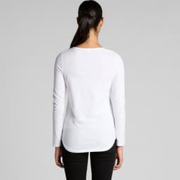 A woman is wearing a white long-sleeve t-shirt, showcasing a simple and sleek design from the back.