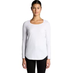 A long-sleeve t-shirt in white, featuring a scoop neckline and a fitted silhouette. It has a logo on the front.