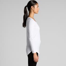 A side view of a white long-sleeve T-shirt with a rounded hem, featuring a brand logo.