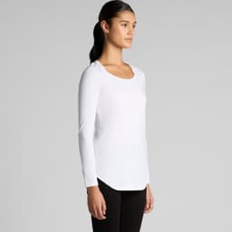 A long-sleeve white t-shirt in a fitted style, featuring a scoop neck and a subtle logo.