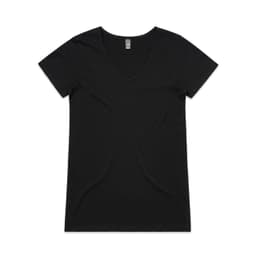 A black V-neck tee with short sleeves and a smooth fabric texture. It has a small logo.