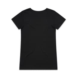 A black V-neck T-shirt with short sleeves and a plain back design, featuring a logo.