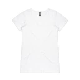 A white V-neck t-shirt with short sleeves and a tag at the neckline. It features a logo on the back.