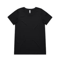 A black t-shirt with a round neckline and short sleeves, featuring a logo tag inside.