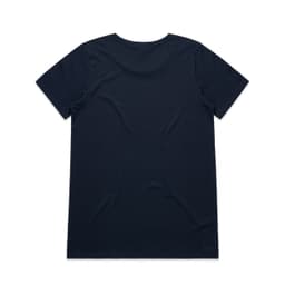 A navy blue T-shirt with short sleeves and a plain back. Features a small logo at the neck area.