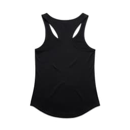 A black racerback singlet with a curved hem and a logo on the back.