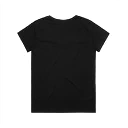 A black T-shirt with a V-neck design, featuring a simple and clean style. The back view shows no visible logos.