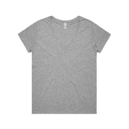 A grey V-neck T-shirt with short sleeves, featuring a branded label.