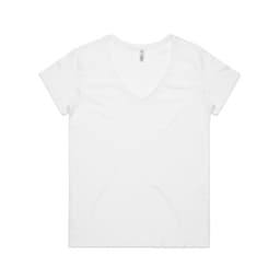 A white v-neck t-shirt with short sleeves, featuring a branding logo inside the collar.