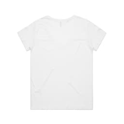 A white V-neck T-shirt featuring a simple design and a branding logo on the back.
