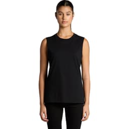 A black sleeveless tank top is displayed, featuring a simple design and a logo on the label.