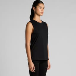 A black singlet tank top displayed on a model, featuring a simple design and clean lines. It has a branding logo.