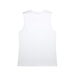 A white sleeveless tank top featuring a simple design and a branding logo.