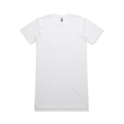 An oversized white dress t-shirt with short sleeves and a logo at the neckline.