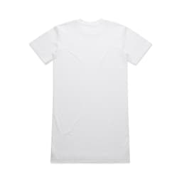 An oversized white dress with a simple design, featuring short sleeves and a rounded neckline.