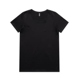 A black t-shirt with a round neckline and short sleeves. The shirt has a logo on the label.