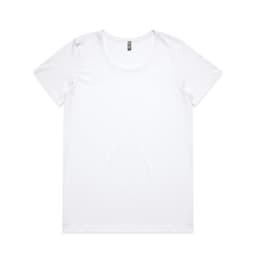 A white women's T-shirt with a round neckline and short sleeves. It features a small logo at the neck.