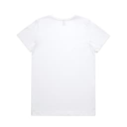 A white t-shirt with short sleeves and a plain back. Includes a branding logo.