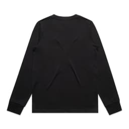 A black long-sleeve t-shirt with a simple back design and fitted cuffs. It features a logo.