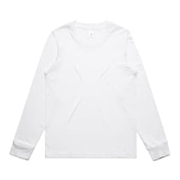 A long-sleeve white t-shirt with a simple design and a logo on the label.