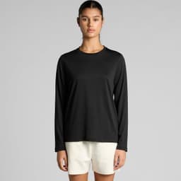 A black long-sleeve tee with a round neckline, featuring a logo on the front and a relaxed fit.