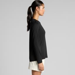 A long-sleeve black T-shirt displayed from the side, featuring a simple design and a branding logo.