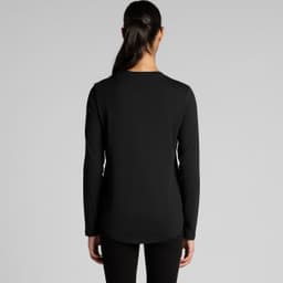 A black long-sleeve tee viewed from the back, featuring a simple design and a subtle logo.