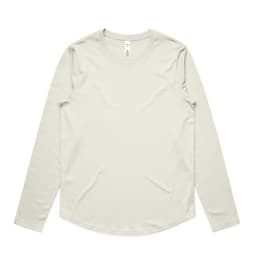 A light grey long-sleeve tee made from soft fabric, featuring a rounded hem and a logo on the label.