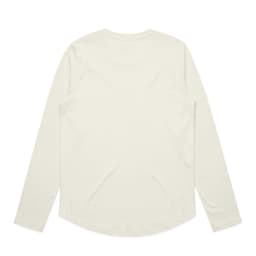 A light green long-sleeve t-shirt featuring a smooth back design and a subtle curve at the hem. It has a branding logo.
