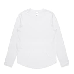 A long-sleeved white t-shirt featuring a round neckline and a subtle logo on the label.