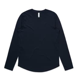 A long-sleeve t-shirt in dark navy blue with a rounded hem and a label inside the neckline.