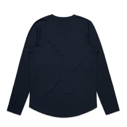 A long-sleeve T-shirt in navy blue with a curved hem and a logo on the back.