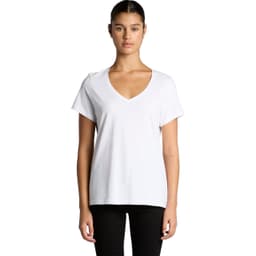 A white V-neck T-shirt with short sleeves, featuring a logo on the hem.