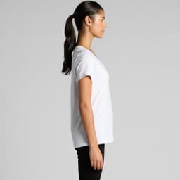A white V-neck T-shirt is displayed, featuring a relaxed fit and short sleeves. It has a logo on the side.