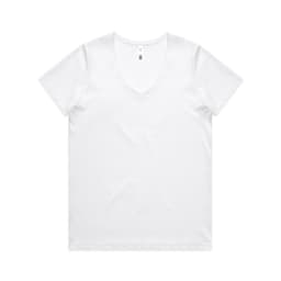 A white V-neck T-shirt featuring short sleeves and a tagless neck. The shirt has a logo on the tag.