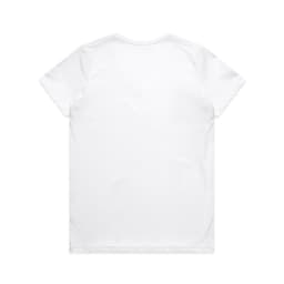 A white V-neck T-shirt with short sleeves, featuring a plain back design and a small logo.