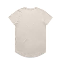 A beige T-shirt with a curved hem and short sleeves. The back is plain with no visible branding.