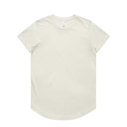 A light green T-shirt with a rounded hem and short sleeves, featuring a subtle logo.