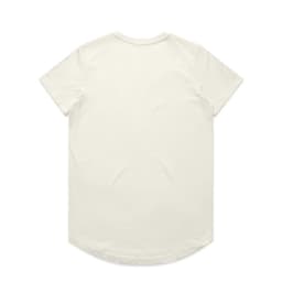 A plain cream T-shirt featuring a rounded hem and short sleeves, displaying a logo on the back.