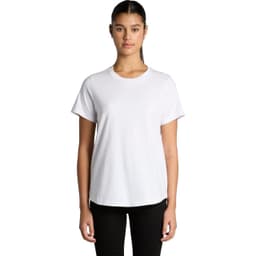 A white T-shirt with short sleeves, featuring a simple silhouette and a logo.