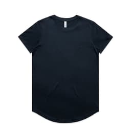 A black t-shirt with a curved hem and a tag in the collar, featuring a branding logo.