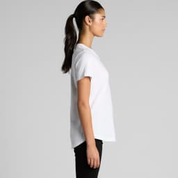 A white t-shirt features a relaxed fit, displayed on a model from the side. The product includes branding.