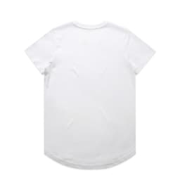 A plain white t-shirt with short sleeves and a rounded hem, featuring a logo on the back.