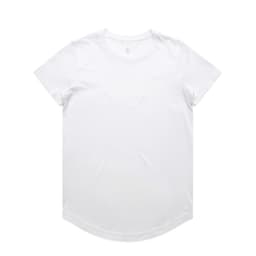 A white short-sleeve T-shirt featuring a curved hem and a brand logo. Basic and versatile design.