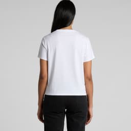 A white women's t-shirt with a cropped design, featuring a logo on the back.