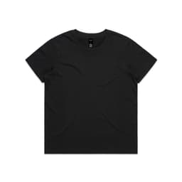 A black t-shirt with a standard crew neck and short sleeves, featuring a logo on the label.