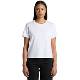 A white t-shirt with short sleeves, featuring a classic crew neckline and a fitted style. It has a branding logo.