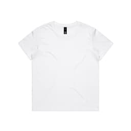 A white short-sleeved T-shirt with a round neckline and a logo at the collar.