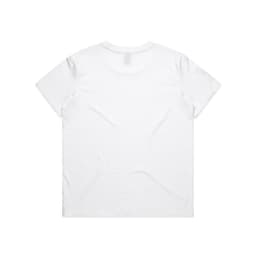 A white T-shirt featuring a plain design, with a logo on the back and short sleeves.
