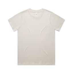 A plain cream-coloured T-shirt, short-sleeved, featuring a round neck and a logo on the label.